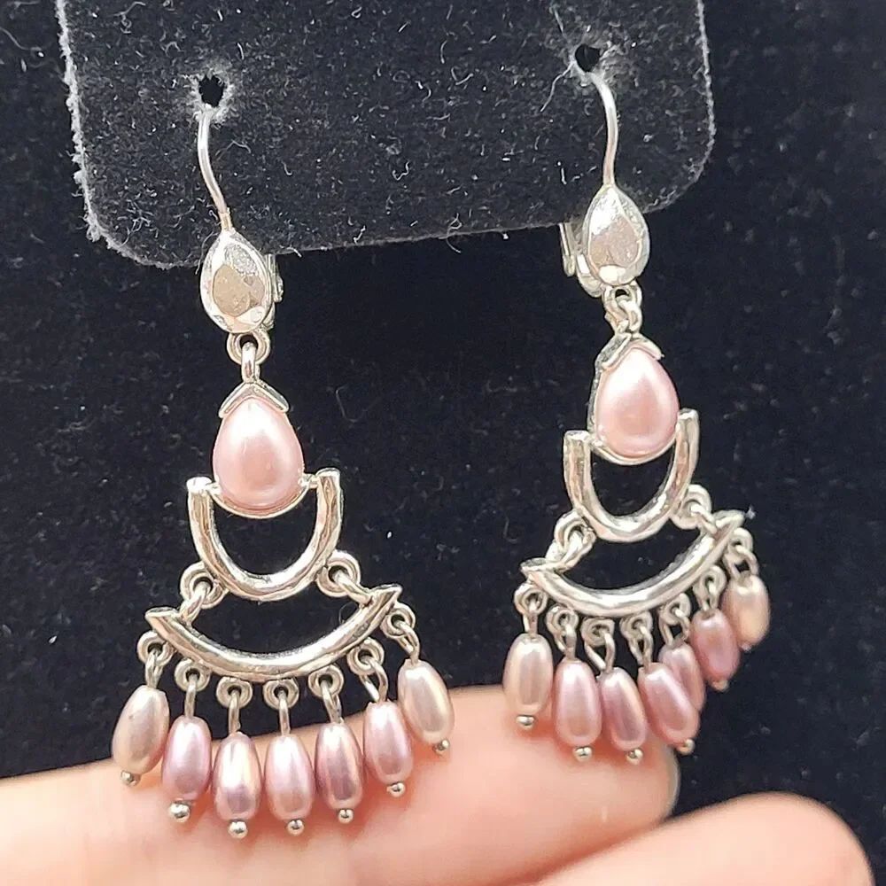 Vintage Y2K LC Silvertone Pink Simulated Pearl Chandelier Earrings 2.25in